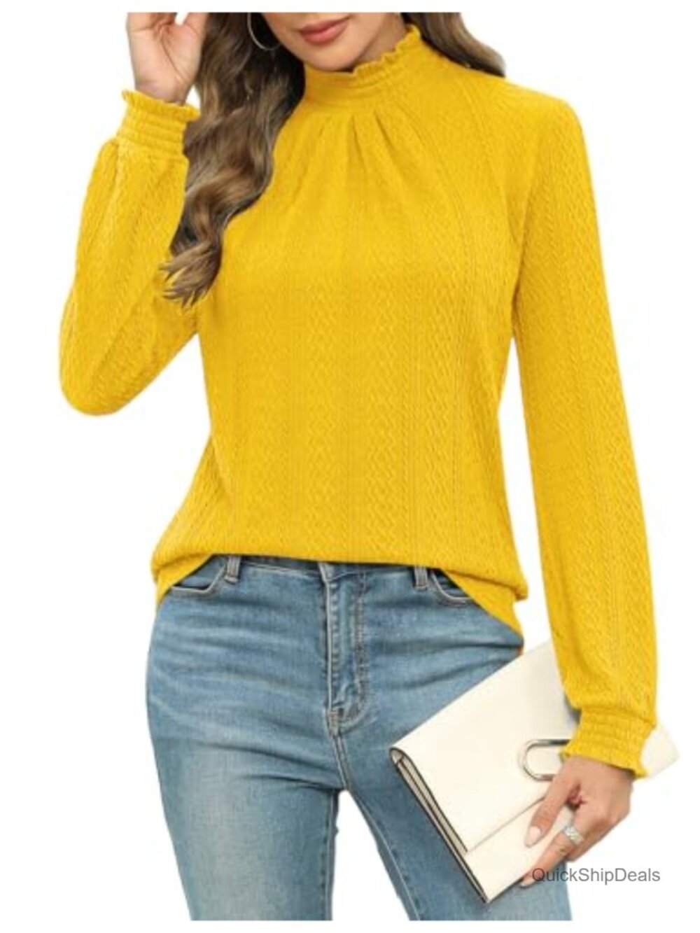 Womens Mock Neck Blouse Pleated Textured Long Sleeve Stretch Tunic Top